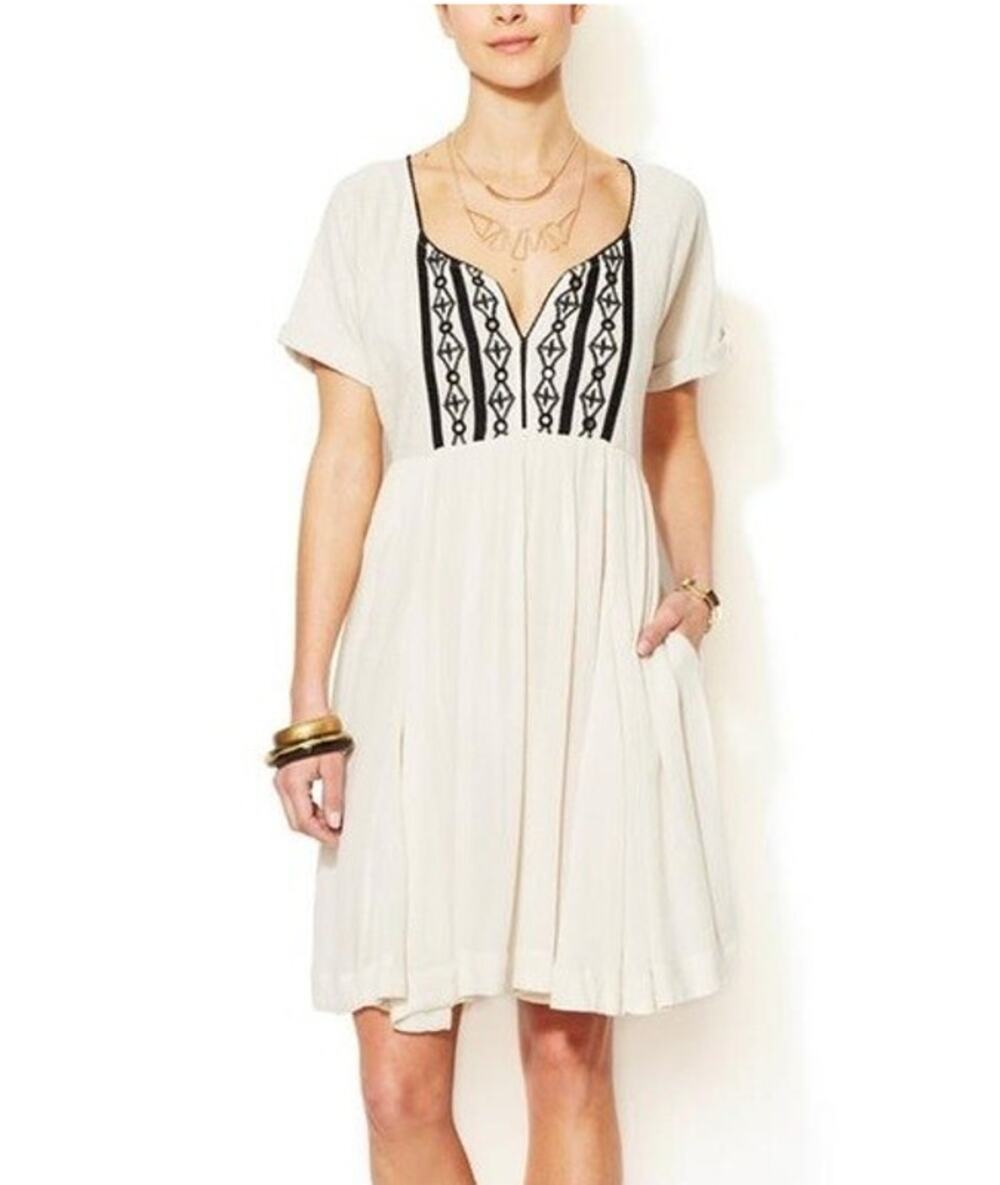 Free People Ivory Embroidered Mirror High Low Boho Dress Size Small